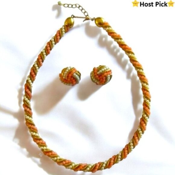 Vintage AVON Cirelle Post Earrings & Matching Necklace Set Faux Coral & Pearl - Picture 1 of 16